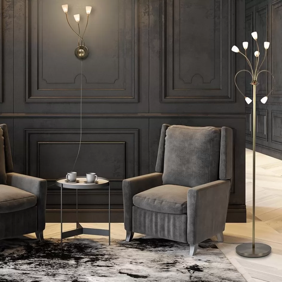 Vloerlampen | LED Vloerlampen>Straluma Klassieke vloerlamp brons met wit gevlamd glas en dimbaar LED
